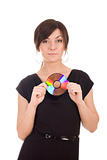 Young woman holding audio disk