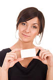 Beautiful young woman holding business card