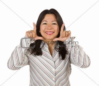 Attractive Multiethnic Woman with Hands Framing Her Face Isolated on a White Background.