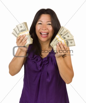 Excited Attractive Multiethnic Woman Holding Hundreds of Dollars Isolated on a White Background.