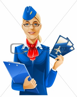 beautiful stewardess with air ticket