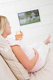 Pregnant woman watching television with glass of white wine