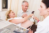Pregnant woman getting ultrasound from doctor with husband looki