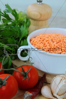 ingredients for lentil soup, tomatoes, red lentils
