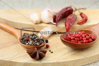 spices - red and black pepper, chili and garlic on a wooden background