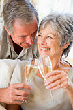 Couple in living room toasting champagne and smiling