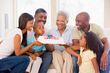 Family in living room smiling with young boy blowing out candles