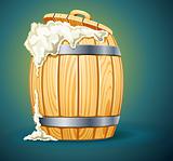 wooden barrel full of beer with foam