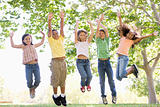 Five young friends jumping outdoors smiling