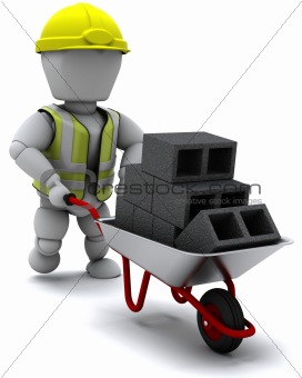 Builder with a wheel barrow carrying bricks