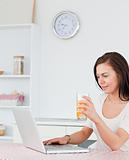 Portrait of a woman using her laptop and drinking juice