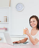 Portrait of a brunette using her laptop and drinking juice