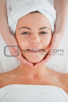 Portrait of a smiling brunette having a facial massage