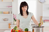 Attractive brunette woman cooking vegetables
