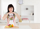 Attractive brunette woman posing with a mixer while standing