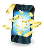 Gold coins flying out of smart mobile phone