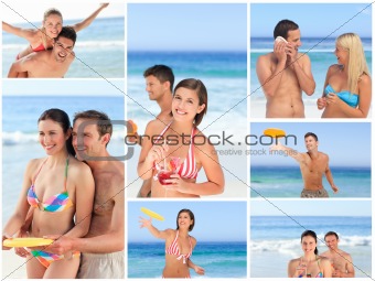 Collage of lovely couples enjoying a moment together on a beach