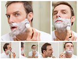 Collage of a handsome man shaving
