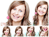 Collage of a young woman eating a lollipop