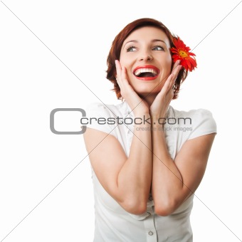 Beautiful woman with flower gerbera against white background