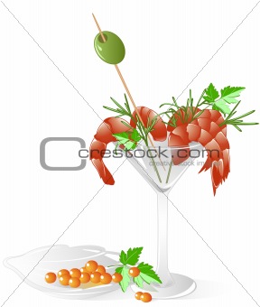 shrimps and red caviar  in a crystal tableware