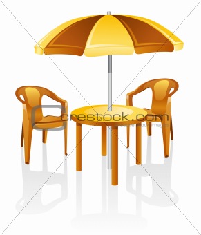 Furniture: table, chair, parasol.