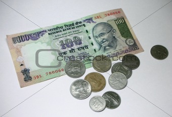 India Currency - One Hundred Rupee Note (bill) and Coins