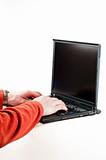 isolated black open laptop computer man typing