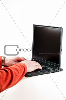 isolated black open laptop computer man typing