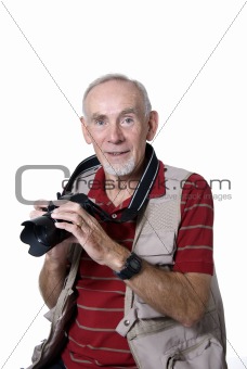 Photographer with DSLR camera on white background