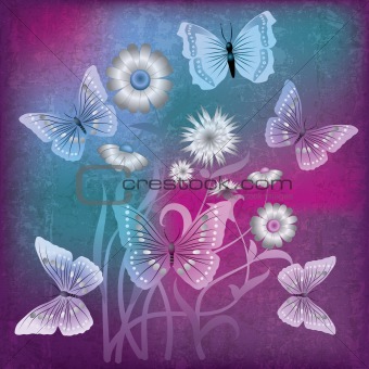 abstract grunge illustration with flowers and butterfly