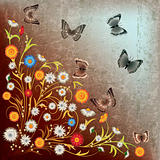 abstract grunge illustration flowers and butterfly