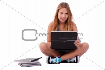 beautiful and happy blonde young woman,on computer, isolated on white, studio shot