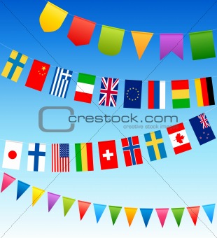 bunting flags and country flags on a blue sky