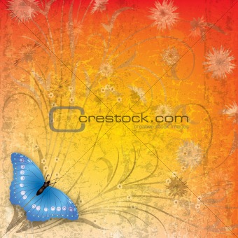 abstract grunge background with butterfly and flowers