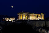 Acropolis (parthenon) by night, under full moon,  Athens, Greece
