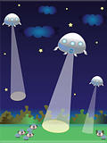 An illustration of a pair of UFO's in the night sky.