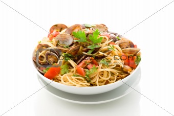 Pasta with Clams on white isolated background