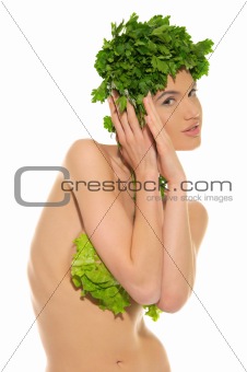 sexy woman with clothes of vegetables