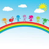 colorful happy kids standing on a rainbow