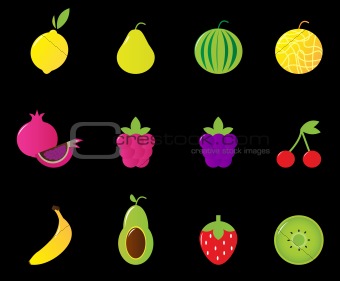 Fresh Fruit & berries icon set isolated on black

