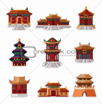 cartoon Chinese house icon set
