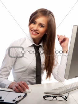 pretty girl works on a computer