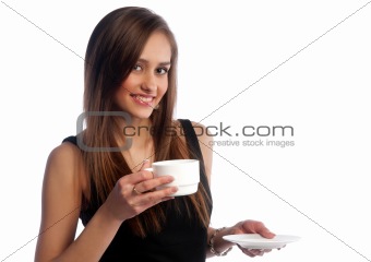 woman in a dark dress with a cup