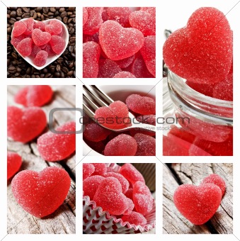 Collage of red heart shaped jelly sweets