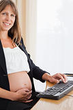 Beautiful pregnant woman working with a computer