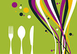 Fork, knife and spoon with multicolored waves background