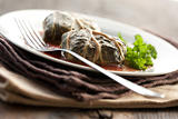 Dolmades with rhubarb leaves, meat and rice 