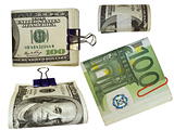 Colection of packs of 100 dollars and euro isolated on white background