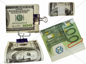 Colection of packs of 100 dollars and euro isolated on white background